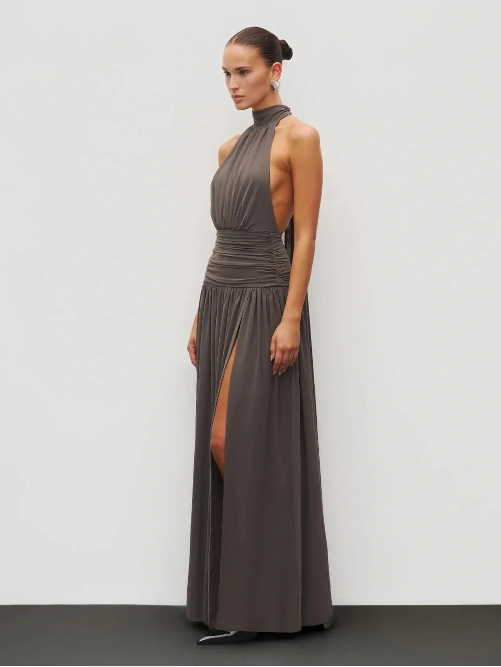 The Halter Slit Gown in Charcoal